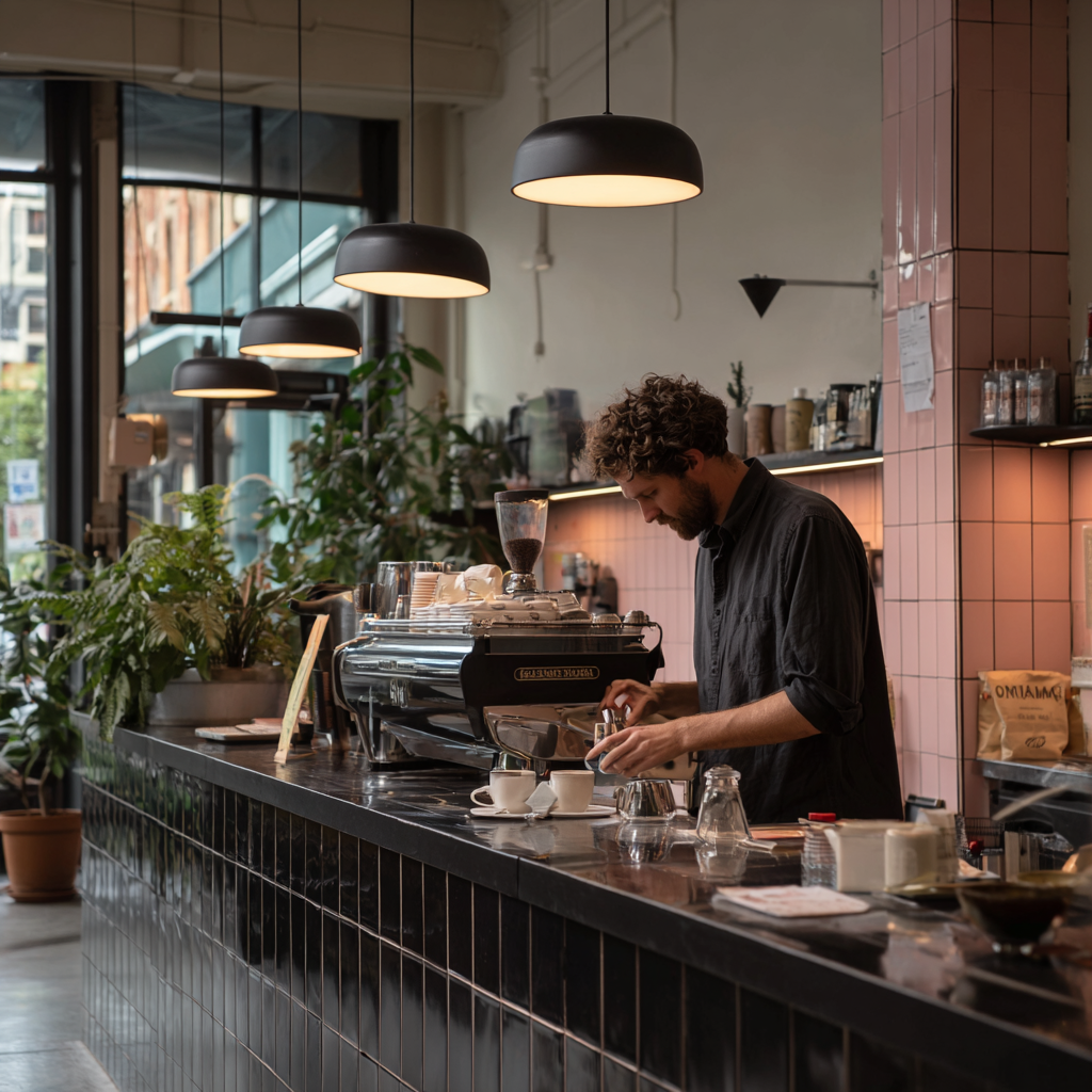 Barista preparing a coffee using Mum Said specialty coffee beans at a counter in a modern cafe.