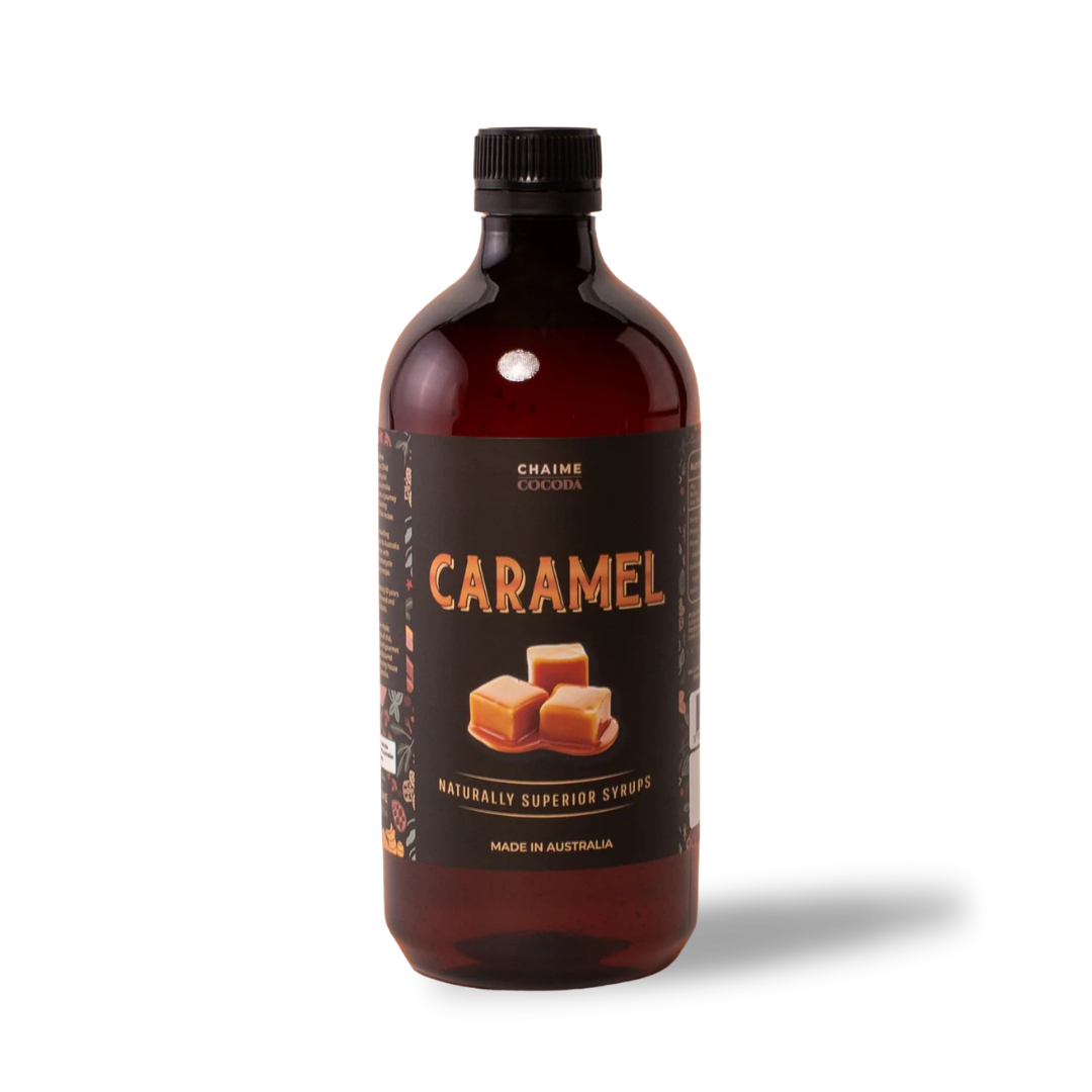 Bottle of Chaime Caramel flavoured coffee syrup on a white background.