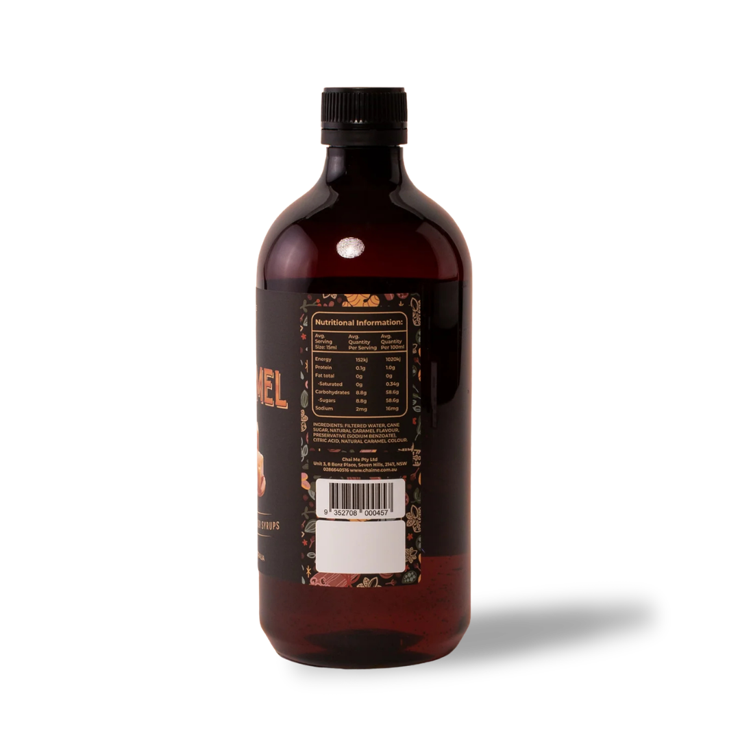 Chai Me coffee syrup bottle side view of Caramel flavoured syrup showing nutrition information on a white background. 