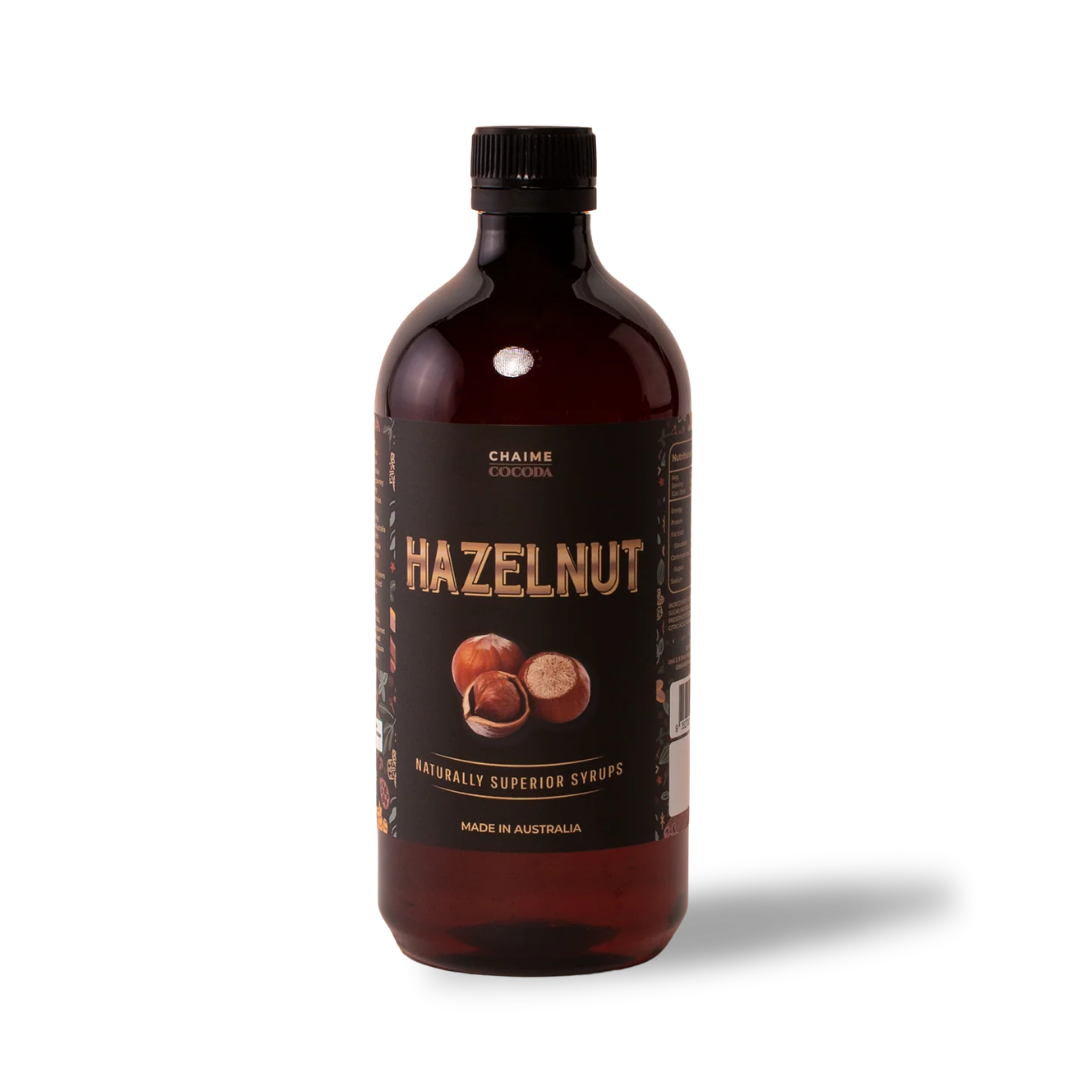 Bottle of Chaime Hazelnut flavoured coffee syrup on a white background.