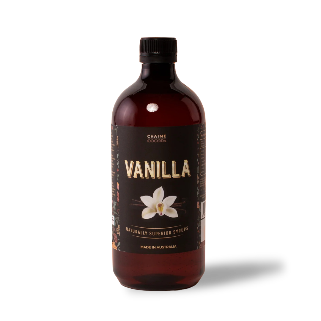 Bottle of Chaime Vanilla flavoured coffee syrup on a white background.
