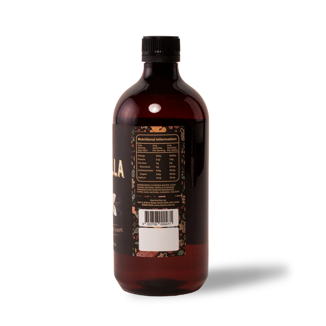 Chai Me coffee syrup bottle side view of Vanilla flavoured syrup showing nutrition information on a white background. 