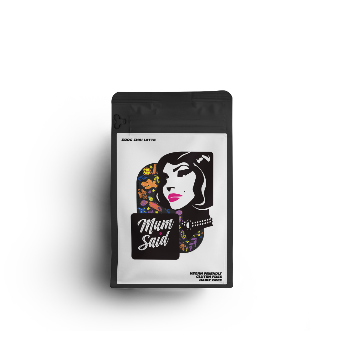 500g Chai Latte Blend from Mum Said Coffee in a black bag with the Mum Said mascot silhouette of a woman's face on a white background. 