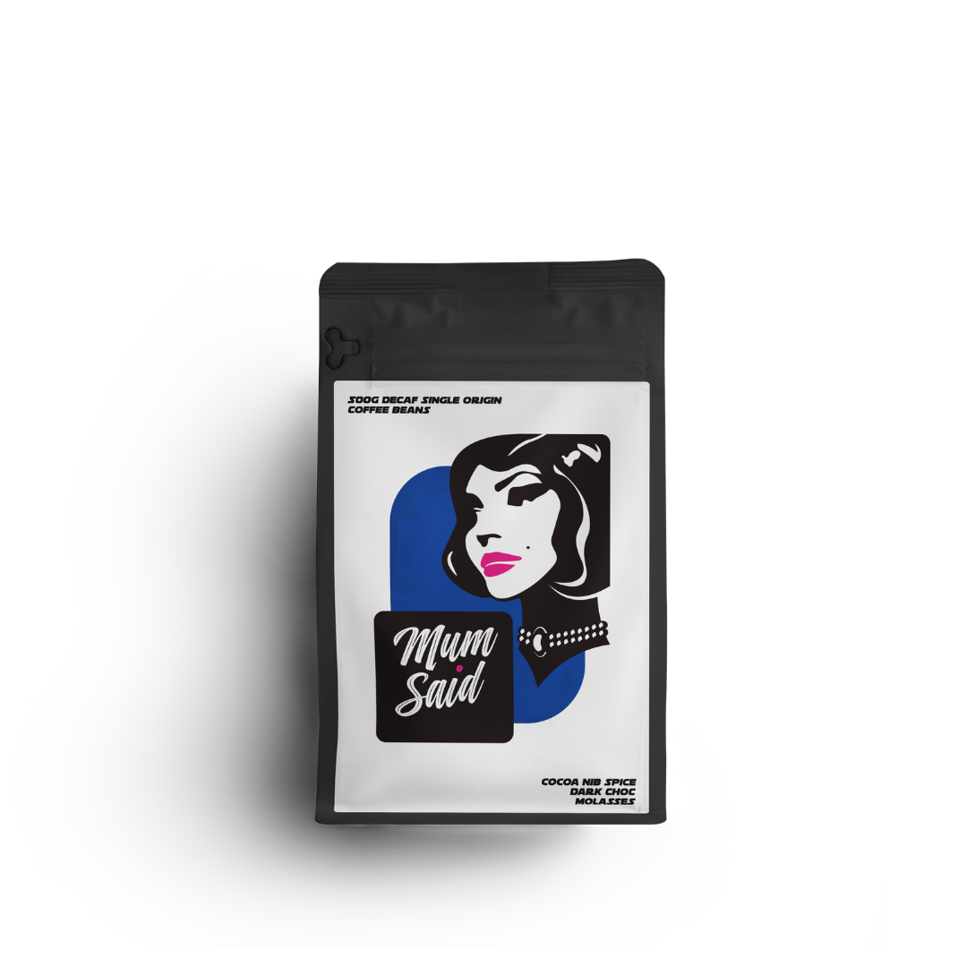 Decaf Single Origin 500g specialty roasted coffee beans from Mum Said Coffee in a black bag with the Mum Said mascot silhouette of a woman's face on a white background. 