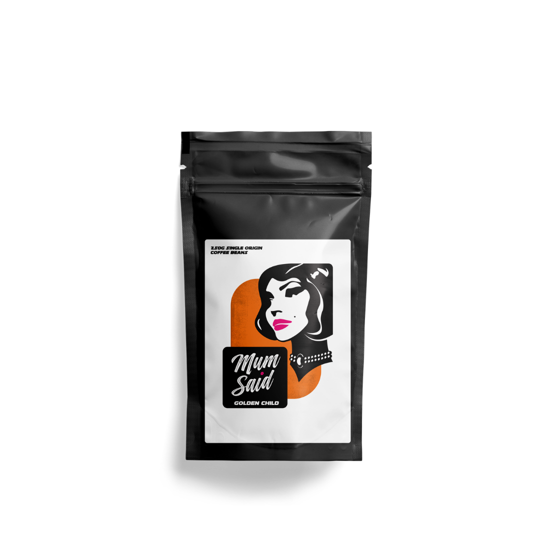 Golden Child 250g single origin specialty roasted coffee beans from Mum Said Coffee in a black bag with the Mum Said mascot silhouette of a woman's face on a white background. 