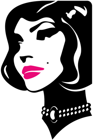 Black silhouette of the Mum Said mascot woman wearing bright pink lipstick and a pearl necklace against a white background. 