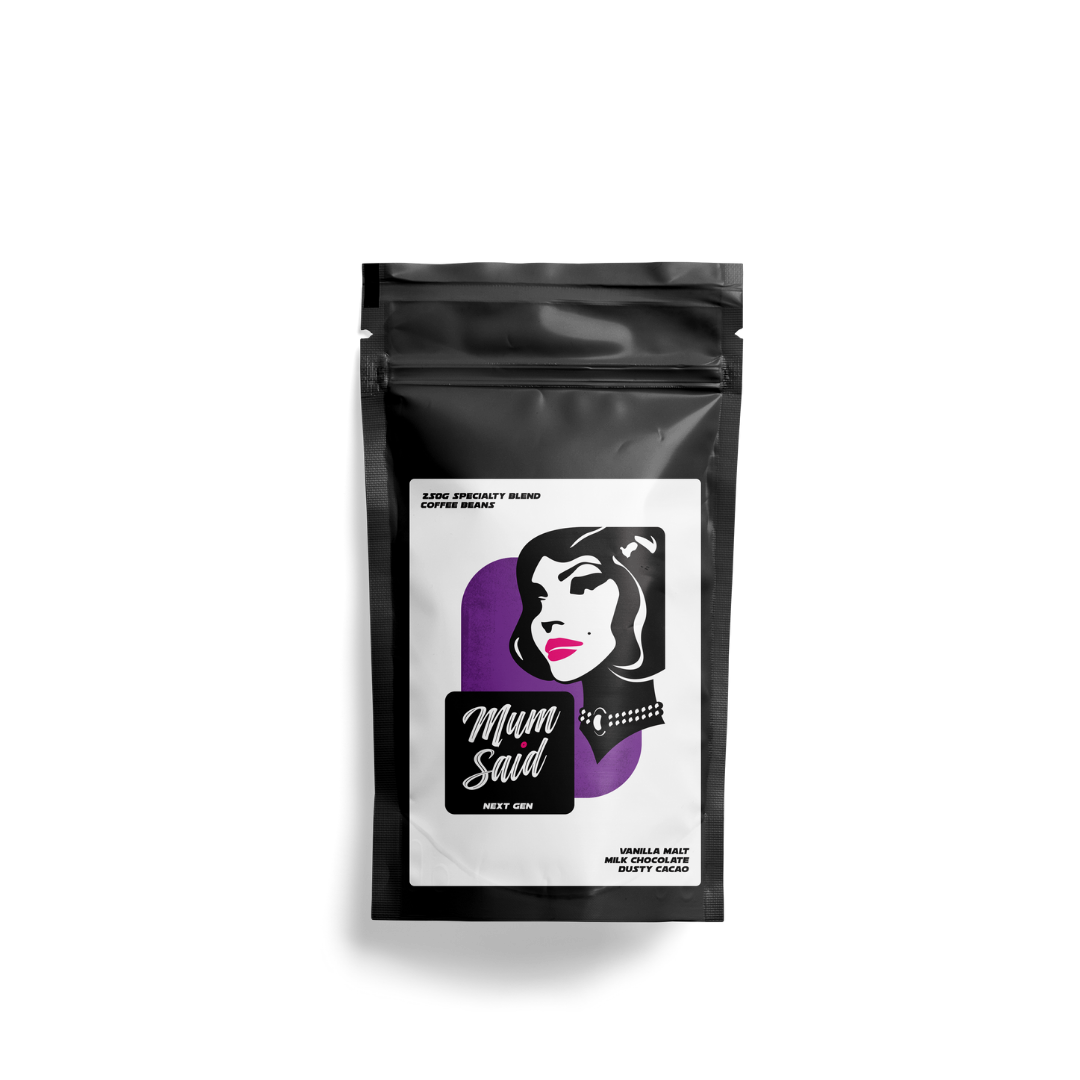 Next Gen 250g specialty roasted coffee beans from Mum Said Coffee in a black bag with the Mum Said mascot silhouette of a woman's face on a white background. 