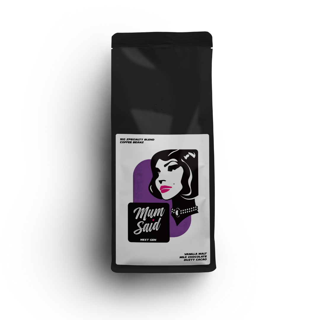 Next Gen 1kg specialty roasted coffee beans from Mum Said Coffee in a black bag with the Mum Said mascot silhouette of a woman's face on a white background. 