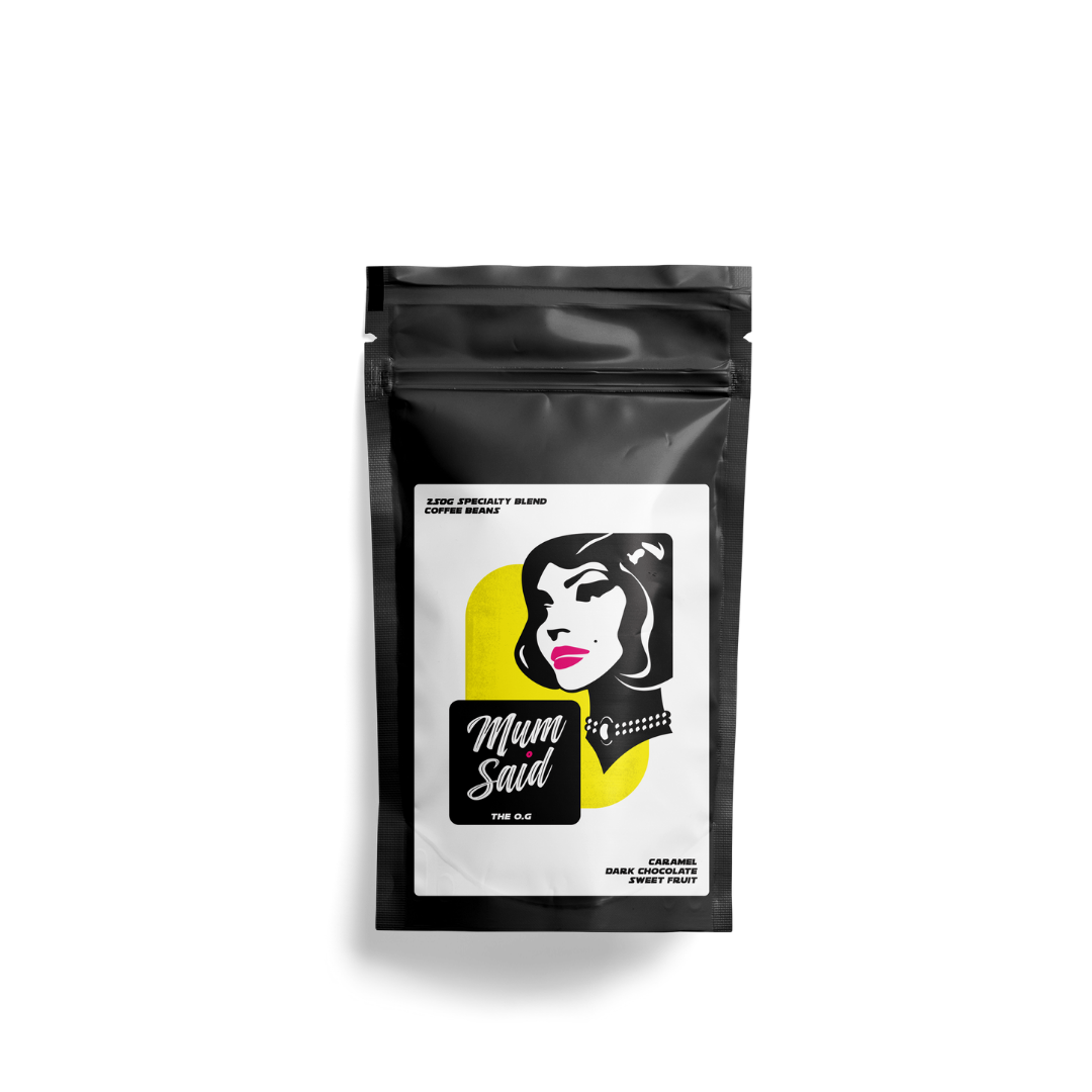 The OG 250g specialty roasted coffee beans from Mum Said Coffee in a black bag with the Mum Said mascot silhouette of a woman's face on a white background. 