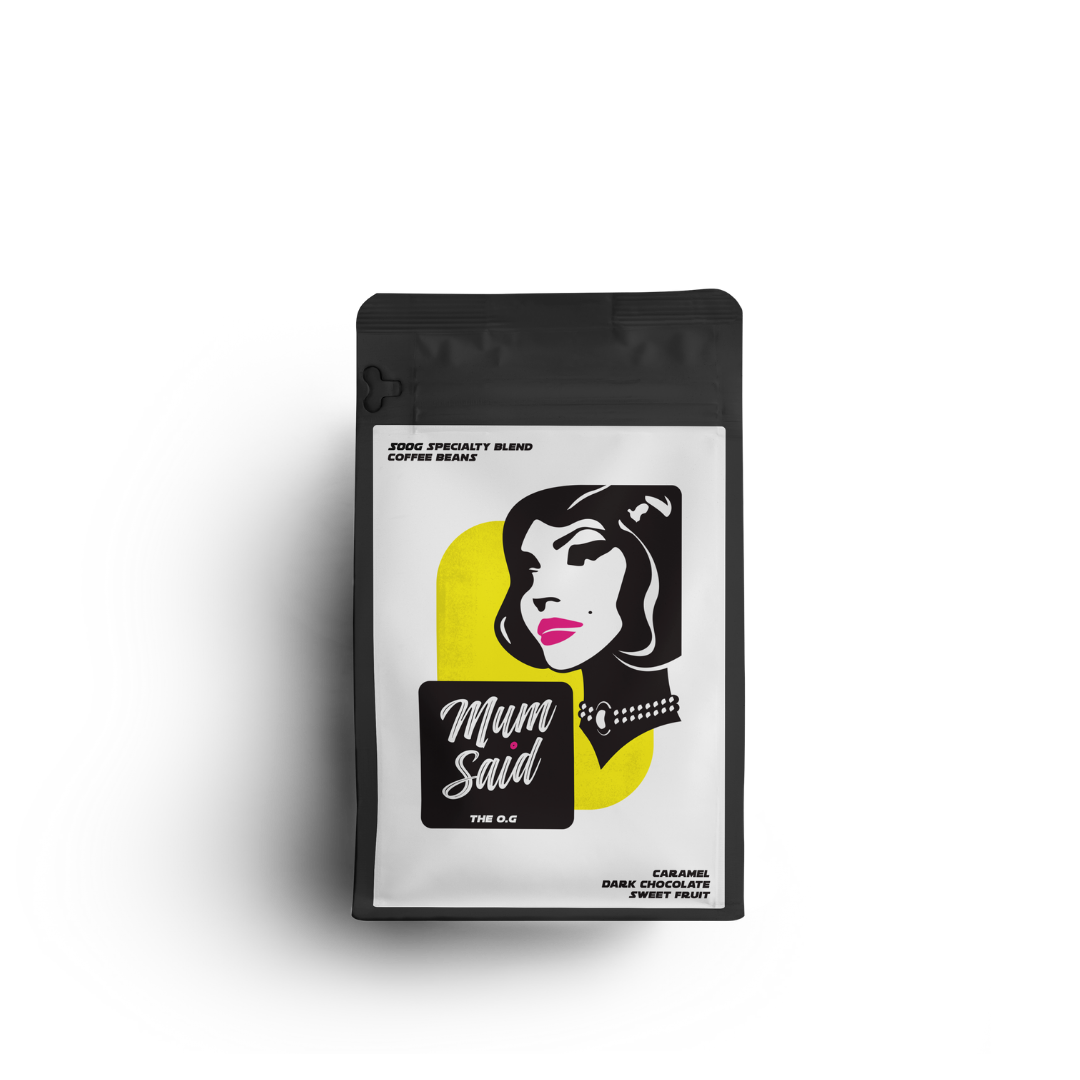 The OG 500g specialty roasted coffee beans from Mum Said Coffee in a black bag with the Mum Said mascot silhouette of a woman's face on a white background. 
