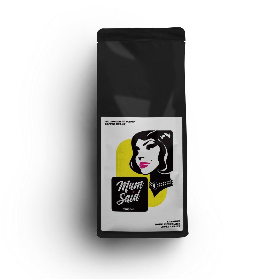The OG 1kg specialty roasted coffee beans from Mum Said Coffee in a black bag with the Mum Said mascot silhouette of a woman's face on a white background. 